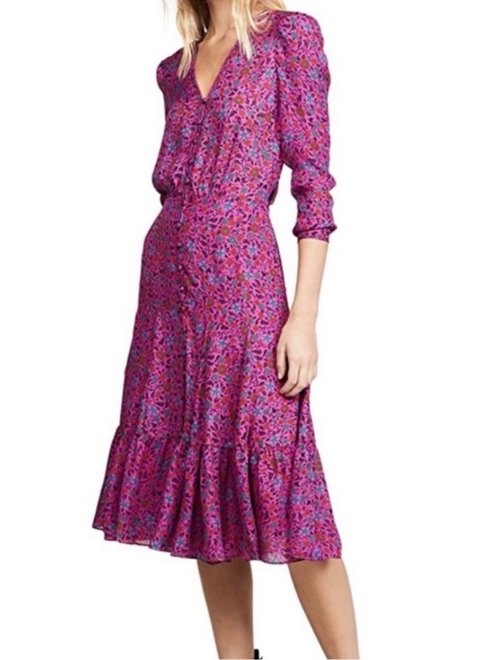 Veronica Beard Pink Floral V-Neck Long-Sleeve Midi Dress - Picture 2 of 16